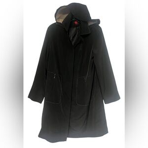 Gallery Women’s Black Midi Length Button Up Hooded Trench Coat SzS Pockets